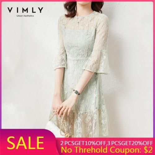 VIMLY Summer Lace Dress For Women Fashion New Round Neck Flare Sleeve Dresses Hollow Zipper High Waist Elegant Dress F6912