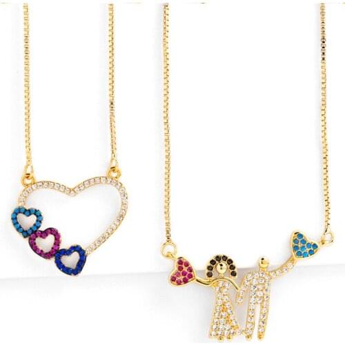BUDROVKY Gold Heart Pendent Necklaces For Women With Charm Couple Necklaces For Lovers CZ Zirconia Stone Rainbow Jewelry