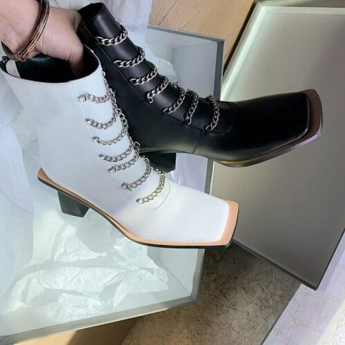 Vintage Winter 2021 Women Genuine Leather High Heels Pumps Square Toe WomenS Ankle Boots Sexy Night Club Shoes Woman