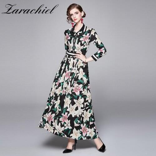2020 Autumn Runway Lily Floral Maxi Dress Womens Long Sleeve Lapel Flower Print Holiday Long Dress Female Vintage Party Dress