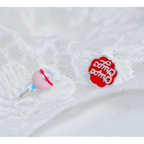 2021 Fashion Creative Sweet and Cute Epoxy Lollipop Asymmetric Pink Candy Stud Earrings 925 Silver Earrings Women Jewelry SE105