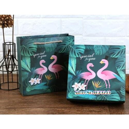 20x20x6.5cm Green leaf Flamingo gift box. Mooncake Candy biscuit box,Party Wedding Favors giveaway Gift Boxes 100pcs/lot