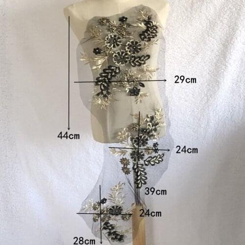 3pc/set Diy black embroidery beaded flower lace appliques for wedding dress embroidered floral patches for clothes big parches