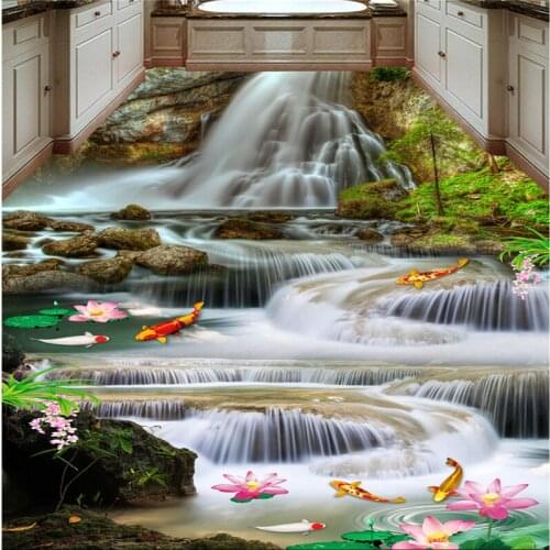 Beibehang Large custom flooring water production lotus carp waterfall 3D 3D floor tiles