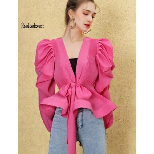 Fashion Ruffled Hem Summer Lace Up Women Blouses Deep V Collar Ladies Tops Vintage Slim Waist Loose Clothes Women Puff Sleeve