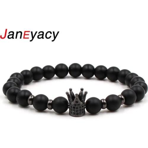 Janeyacy 2018 Hot 8mm Frosted Stone Bead Bracelet Fashion CZ Crown Bracelet For Men Or Women Bracelet Jewelry Pulseira hombres