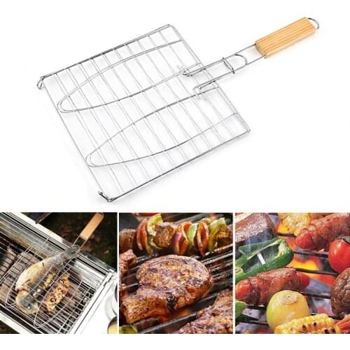 Grilling Basket Wood Handle BBQ Grill Basket Barbecue Basket Nonstick Fish Grilling Basket For Outdoor Camping BBQ Tool