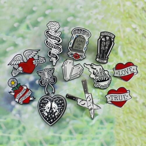 Red Heart Medal Wing Rose Coffin Tombstone Skeleton hand bone double knife Skeleton Ribbon Sun Flower Heart Gothic brooch badge