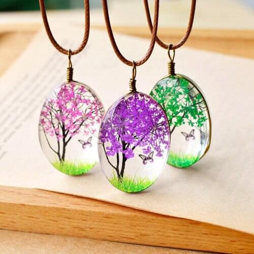 2017 Hand Made Creative Jewelry Natural Dry Flowers Butterfly Life Tree 70 cm Long Pendants Necklaces For Women Girls Children