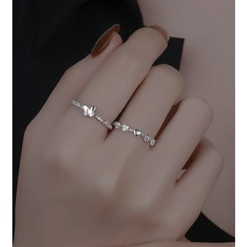 Luckydays Korean INS Fashion Love Heart Butterfly Adjustable Opening Finger Ring For Women Girl Party Jewelry