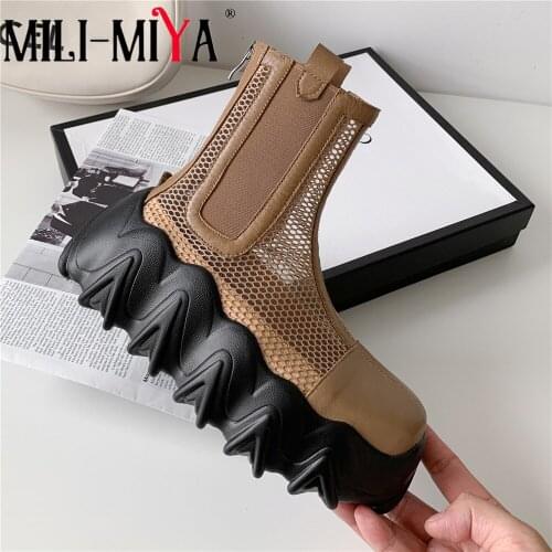 MILI-MIYA 2021 New Women Mesh Ankle Casual Boots Summer Square Toe Breathable Cut Out Sweet Lady Stylish Flat Platform Shoes