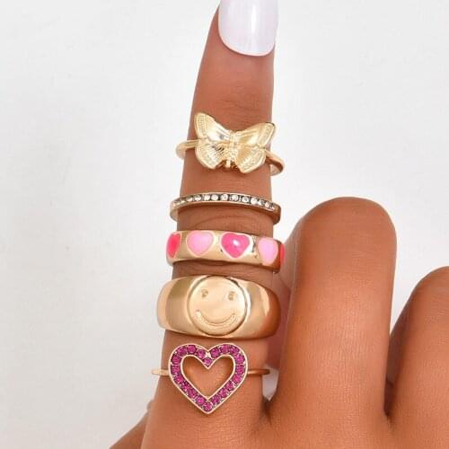 Sweet Crystal Heart Smiley Face Butterfly Rings Set Fashion Vintage Gold Rings for Women Girl Personality Jewelry Anillos