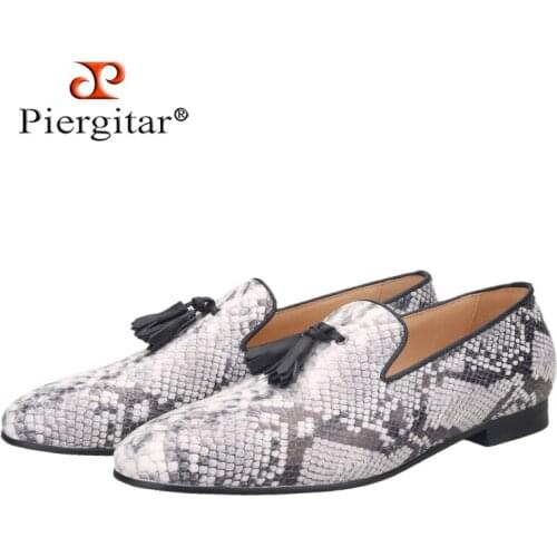 Piergitar New Style Gray Snake Embossed Leather Mens Loafers Handmade Tassel Design Moccasin Plus Size Male Smoking Slippers