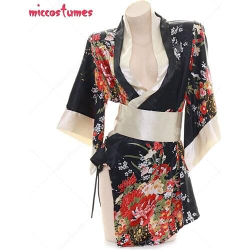 Japanese Kimono Style Sleepwear Sexy One Piece Low Cut Bathrobe Side Split Short Dress