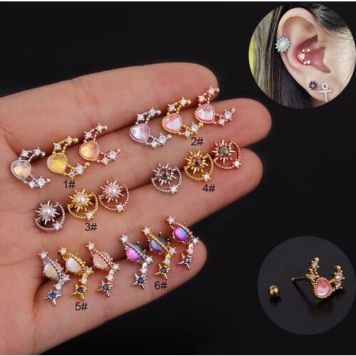 1PC Helix Piercing Floral Star Heart Cross Flower Crown Bar Cartilage Piercing Stud Tragus Conch Rook Helix Jewelry