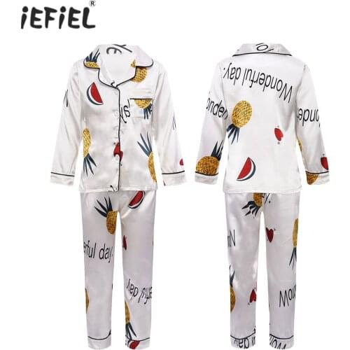 Casual Spring Autumn Children Satin Pajamas Set Kids Girls Cartoon Silk Long Sleeve 2 PcsTops+Pants Sleepwear Pyjama For Child