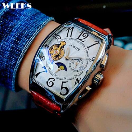 Luxury Mens Automatic Mechanical Men Wrist Watches Casual Vintage Classic Tourbillon Clock Tonneau Shaped Case Male Wristwatch