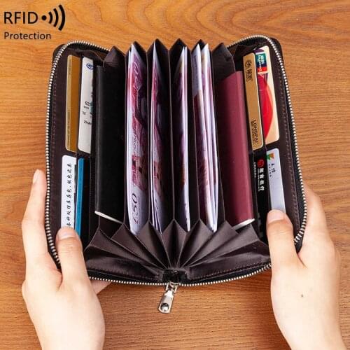 Organ Card Holder Genuine Leather Passport Bag RFID Long Wallet Leather Document Bag Multifunctional Zipper Coin Purse