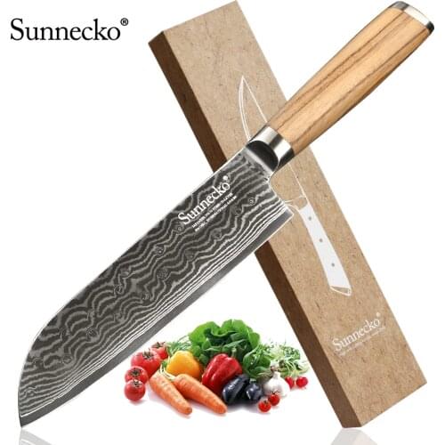 SUNNECKO 7" inch Damasucs Santoku Knife Japanese VG10 Steel Blade Original Wood Handle Chefs Slicing Cutting Kitchen Knives