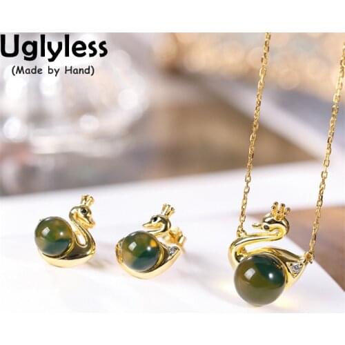 Uglyless Elegant Lady Swan Jewelry Sets for Women 100% Natural Gemstones Blue Amber Studs Earrings Necklaces 925 Silver Animals