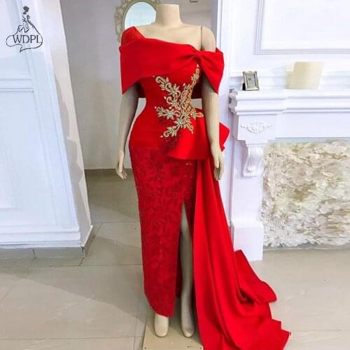 Gorgeous Red Long Evening Dresses Off the Shoulder Arabic Mermaid Prom Dress 2021 Lace Beaded Bridal Gown Formal Party Gowns