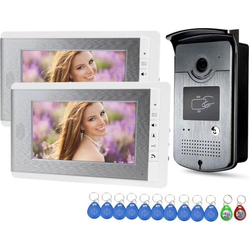 7'' TFT Color RFID Video Door Phone Intercom Doorbell Wired Access Entry System for Home 2 Monitors Video Camera Night Vision