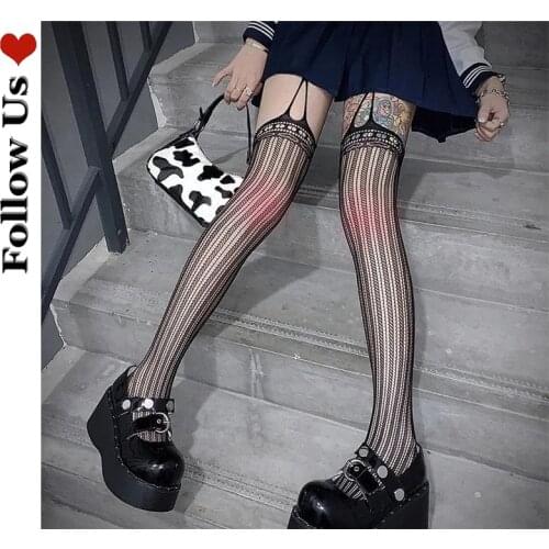 Japanese Gothic Thigh High Socks Female Dark Punk Lolita Loli Sexy Pantyhose Women Breathable Over Knee Socks Fishnet Stockings