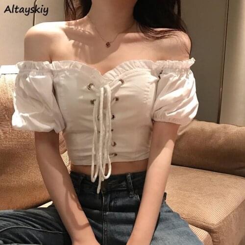 Blouses Women Slash Neck Cropped Tops Puff Sleeve Retro French Style All-match Solid Lace-up Design New Collection Hot Summer
