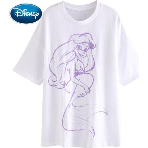 Disney Fashion Front Back The Little Mermaid Fish Sketch Cartoon Print Women T-Shirt O-Neck Short Sleeve Cotton Tee Tops Female