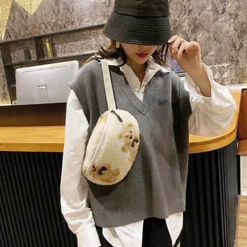 Women Lamb Like Fabrics Fluffy Fur Bear Chest Bag Crossbody Purse for Women A69C