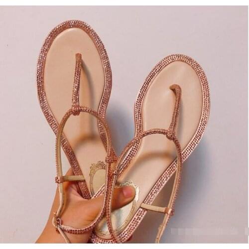 INS woman summer champagne Rhinestone flat sandals crystal fashion champagne color T strap beach flip-flops sandal woman