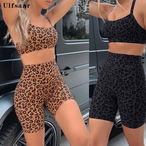 Women Seamless Leopard Print Set Fitness Sport Bra Biker Shorts Gym Suit 2 Piece Workout Clothes Leopard Running Sports Wear