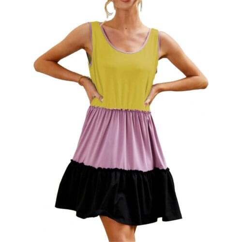 Women Dress Three-color Contrast Shoulder Strap Summer Female Sundress V-Neck Patchwork Pocket Pleated Hem Beach Dresses