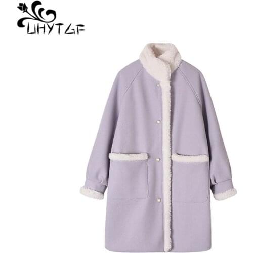 UHYTGF Women lambswool Wool Coat Autumn Winter Clothes Woolen Coat Female Plus Size Outwear Single-breasted External Pocket 957