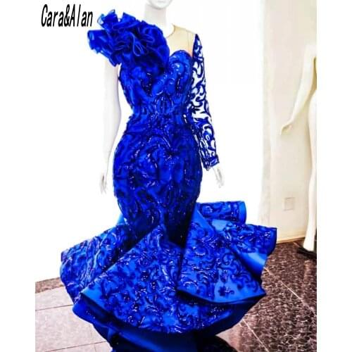 Vestidos Formales Mermaid Royal Blue Evening Gowns for Women Party Gowns Lace Applique Crystal Long Sleeve Prom Dress 2021