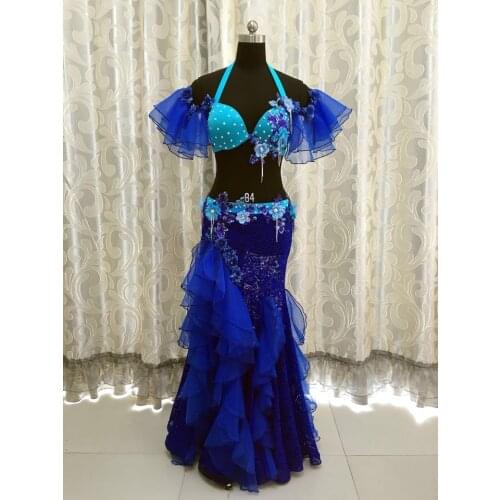 Customized bellydance diamond blue/white belly Indian gypsy dance practice performance costume set 2pcs (bra+skirt)