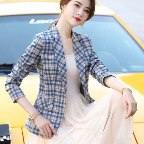 IZICFLY New Style Spring Autumn Business Khaki Plaid Coat Elegant Slim Work Wear Uniform Designs Women Blazer Office Outwear