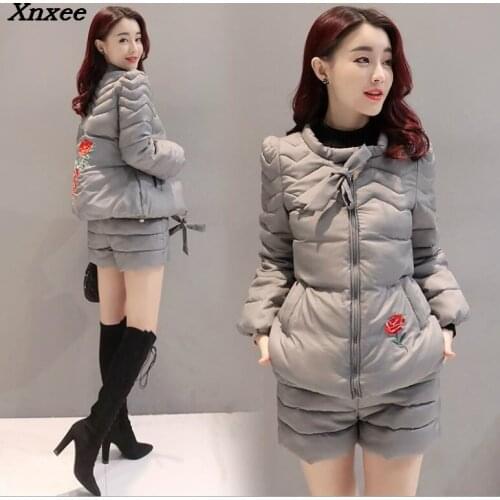 Fashion embroidery autumn winter set two pieces coat set cotton parkas coats + shorts suit womens warm suits female streetwear