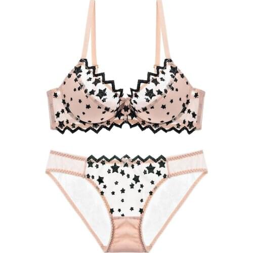 Honviey Sexy underwear set adjustable straps ultra-thin cotton insertable pad transparent embroidery bra and panty set