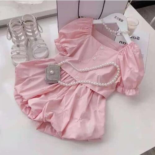 2021 Korea style girls 2 pcs set puff sleeve shirt+shorts fashion summer girls suit 3-8t B400