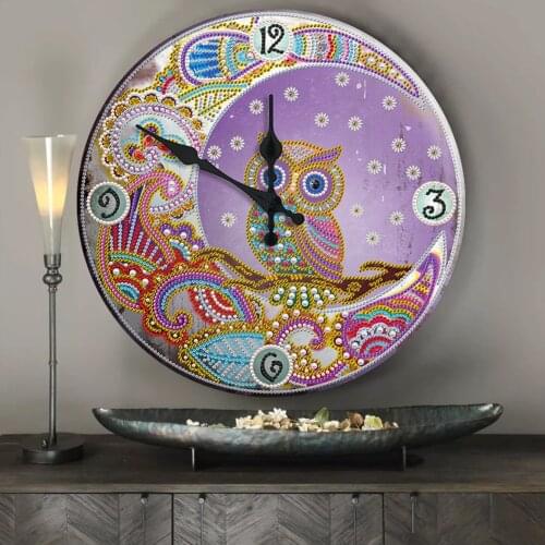 Round Metal Tin Diamond Painting Clock DIY Owl Special Shaped Rhinestones Picture Mosaic Craft Wall Decoration 30 X 30cm