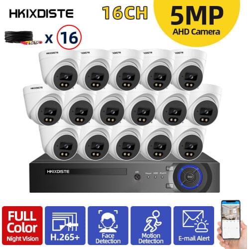 16 Channel Home CCTV Cameras Full Set 5MP 16CH DVR Kit 5MP Colorful Night Vision Security Dome Camera Video Surveillance System