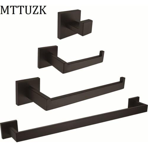 MTTUZK 304 Stainless Steel Bathroom Accessories Set 4piece/set Towel Bar Robe Hook Paper Holder Matt Black Bath Hardware Sets