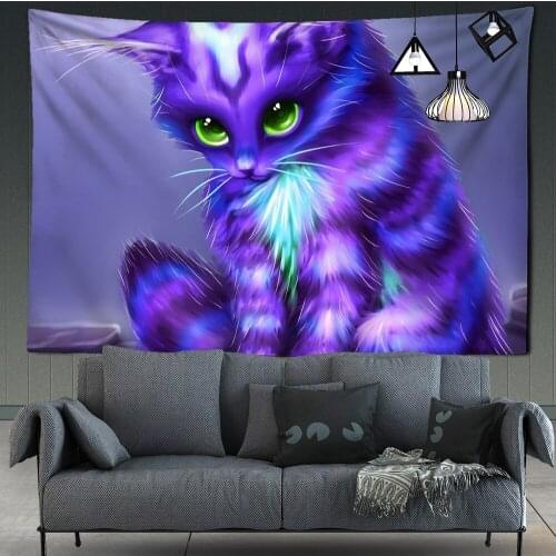 Cartoon Wall Hanging Animal Tapestry Purple Cat Pattern Home Decoration Bedroom Wall Covering