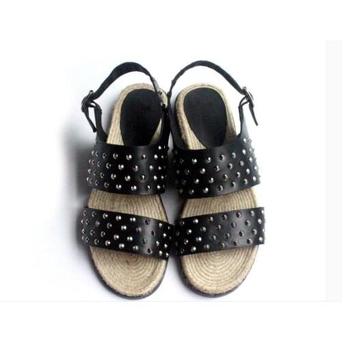 Black mens Fashion Summer real genuine leather open toe sandals shoes Studded rivets personality Hand-woven rope to warp insole