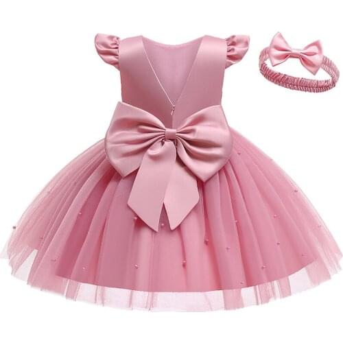 2021 Autumn Performance Costume New Kids Dress For Girls Pearl Evening Dresses Baby Girls Birthday Party Dresses Send Hair Band