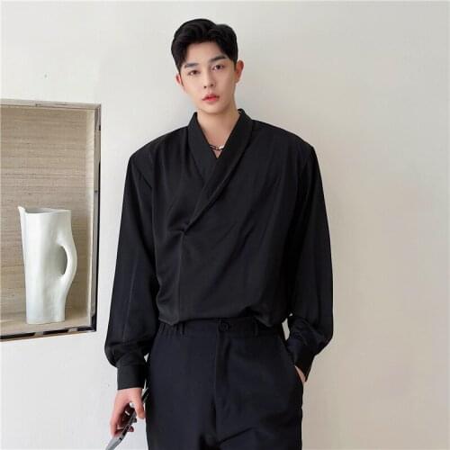 2021 spring autumn Japanese streetwear retro light luxury shirt mens long-sleeved Korean loose casual Solid Party Dress Shirts