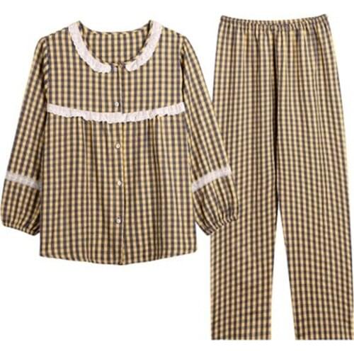 Daeyard Womens Plaid Pajama Set Sexy Lace Trimmed Shirts Cute Girls Cotton Sleepwear Autumn 2 Pieces Pyjamas Home Clothes
