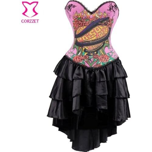 Burlesque Pink Snake Floral Cotton Straps Gothic Corset Dress Sexy Swallowtail Push Up Corsets And Bustiers Steampunk Clothing