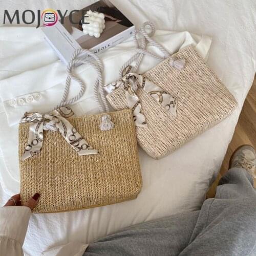 Portable Street Travel Silk Scarf Handbag Vintage Women Straw Woven Shoulder Underarm Pouch Casual Large Capacity Shopping Bags